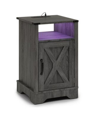 LED Nightstand with Charging Station, Farmhouse Wooden Side Table with Storage Cabinet