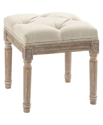 16 inch Tufted Vintage Ottoman, Linen Fabric Foot Stool with Carved Rubberwood Legs, 264 LBS Capacity