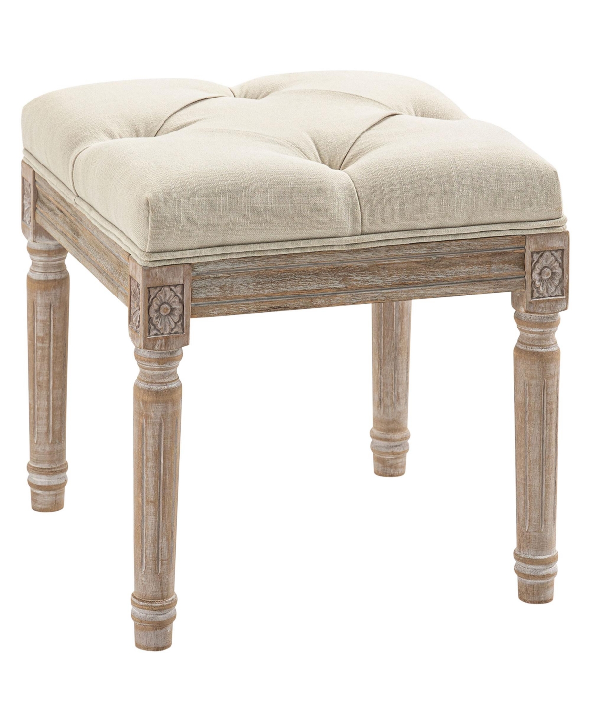 Flynama 16 inch Tufted Vintage Ottoman, Linen Fabric Foot Stool with Carved Rubberwood Legs, 264 Lbs Capacity