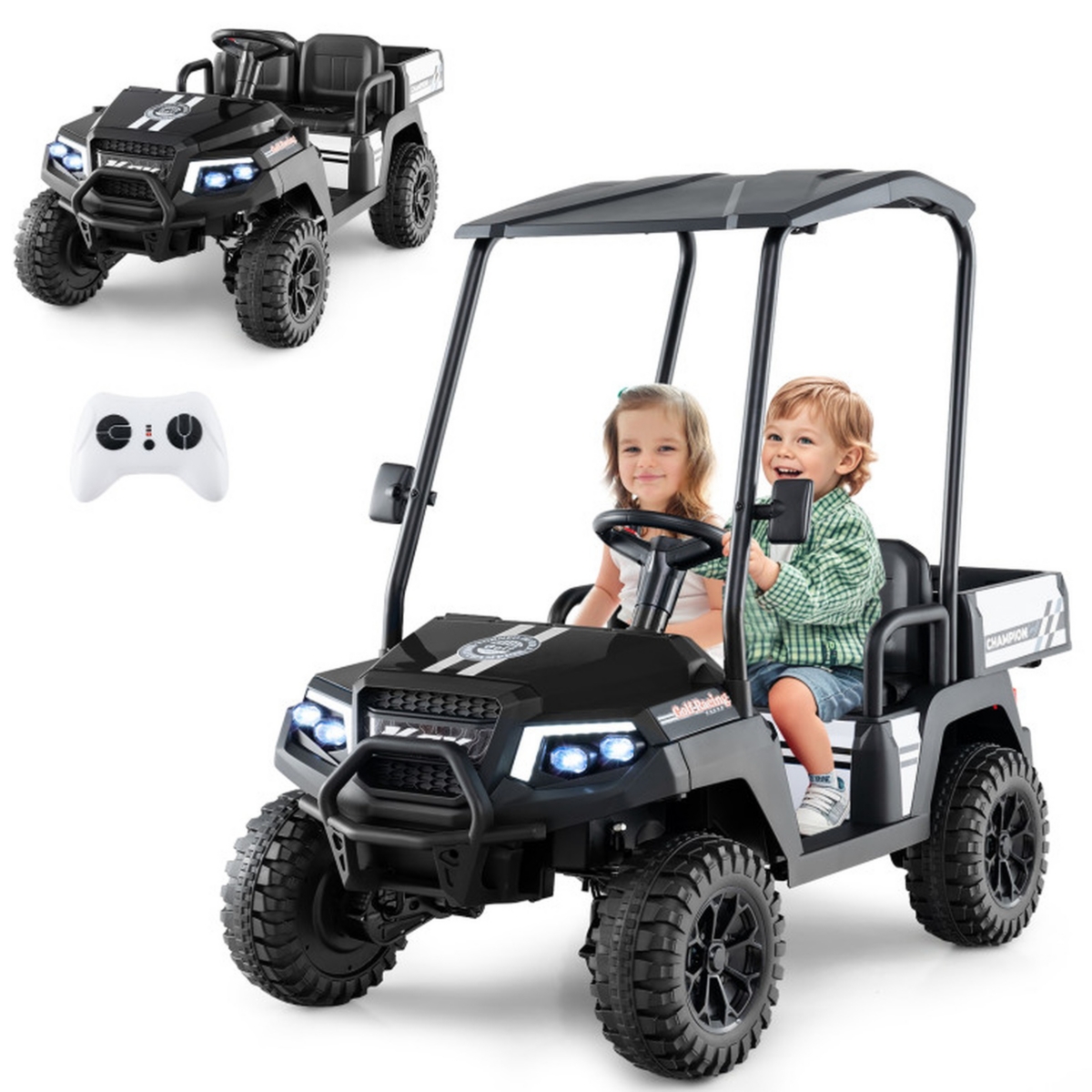 Sugift 24V Kids Golf Cart 2-Seater 4WD Ride on Car with Storage Trunk Awning and Parent Remote Ages 3