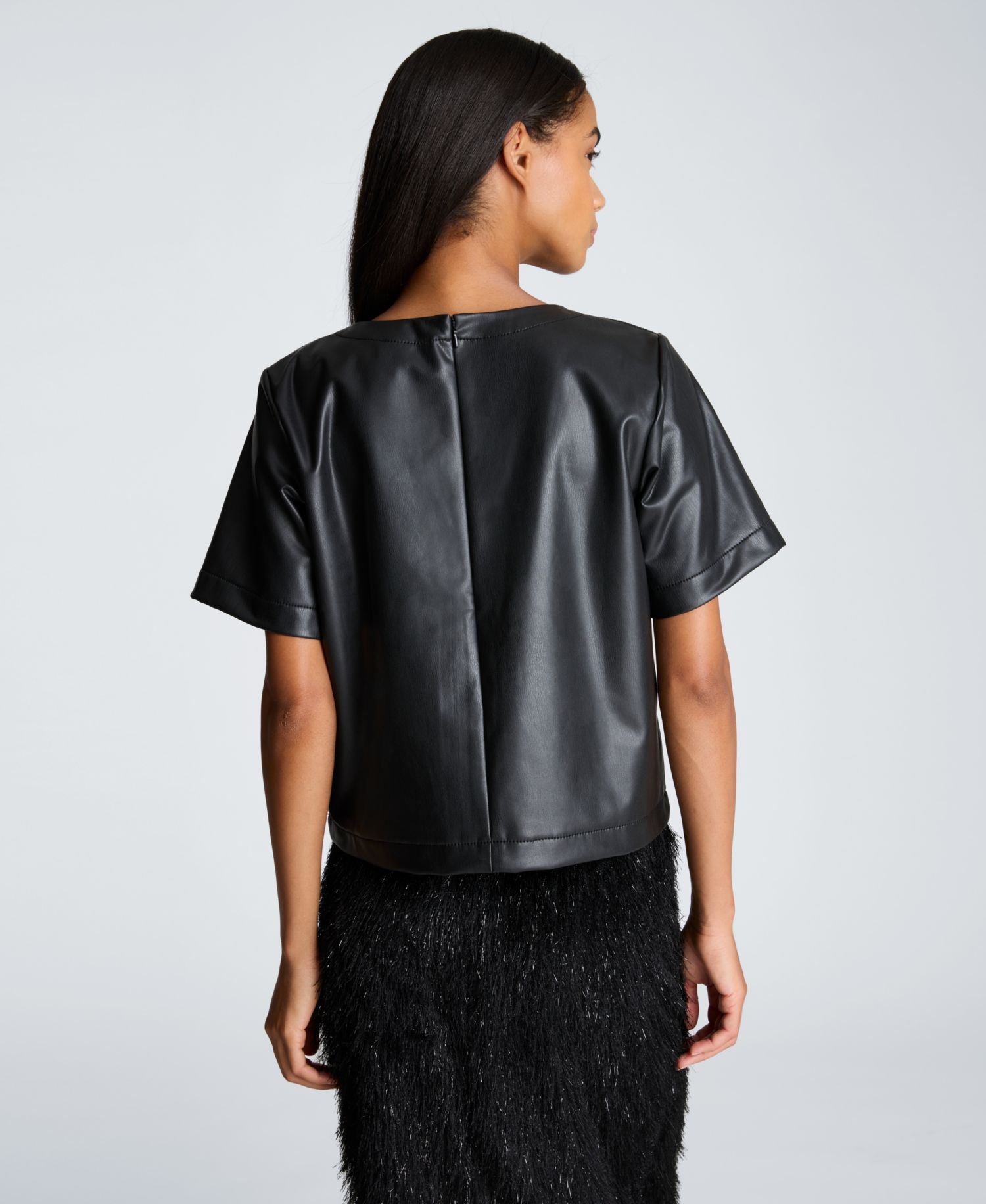 Women's Faux Leather Short Sleeve Crop T-Shirt