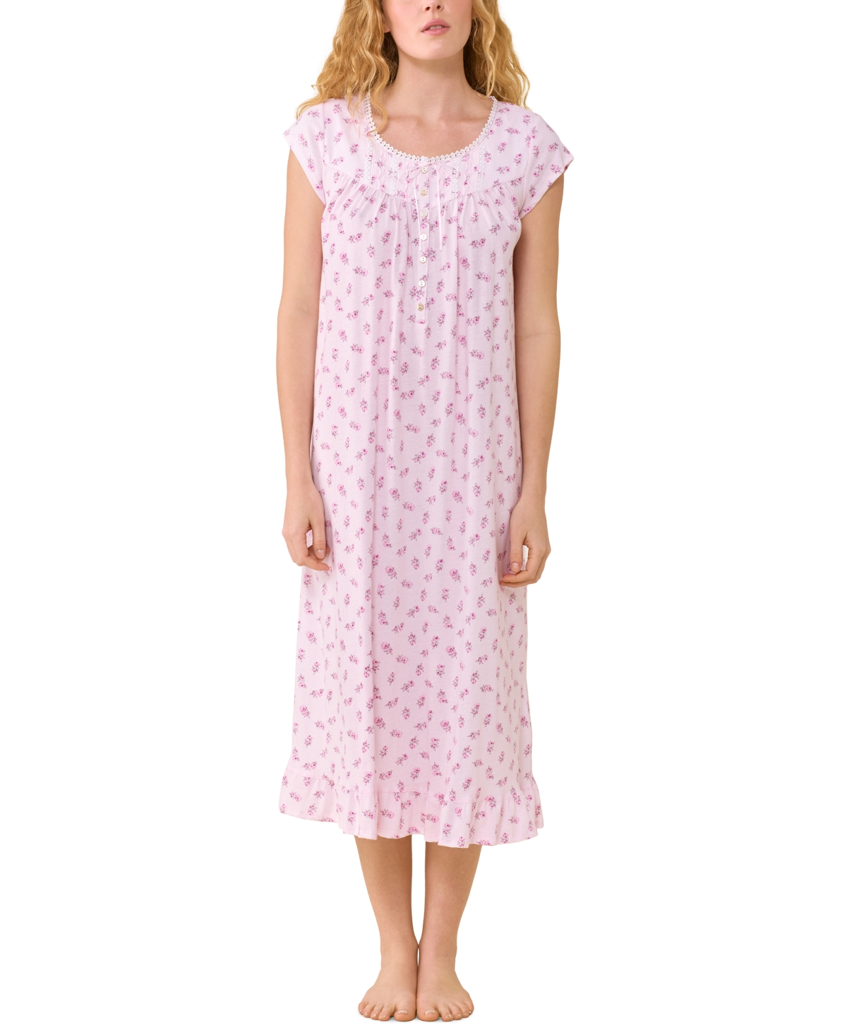 Eileen West Women's Cap-Sleeve Floral Ruffled-Hem Nightgown - Pink Floral