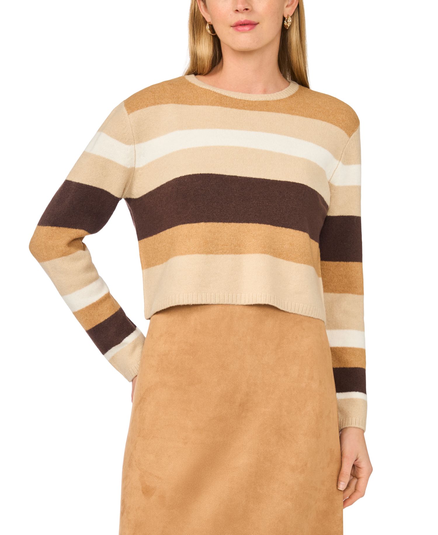 Women's Long-Sleeve A-Line Midi Striped Faux Suede Dress and Sweater, 2-Piece Set