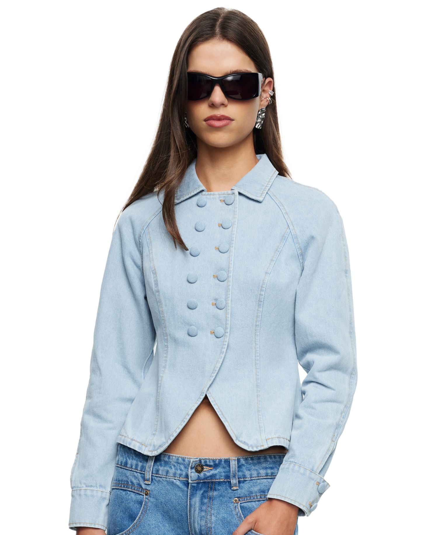 Women's Form Denim Cropped Double-Breasted Jacket