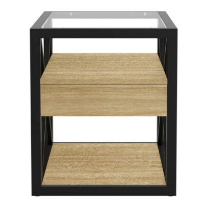 Modern End Table with Drawer, Nightstand for Bedroom and Living Room, MDF and Tempered Glass Top Industrial Style Side Table