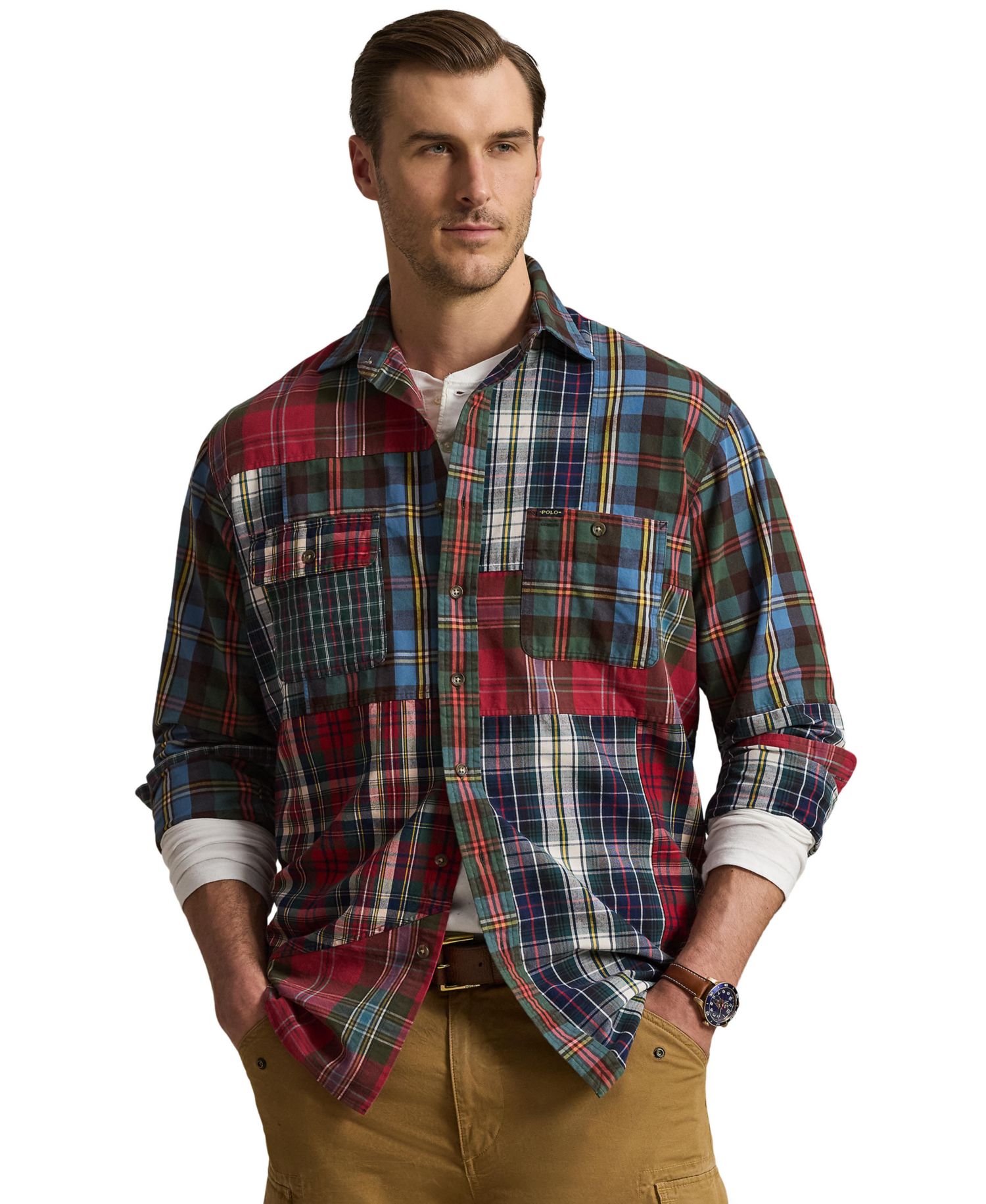Men's Patchwork Plaid Oxford Workshirt