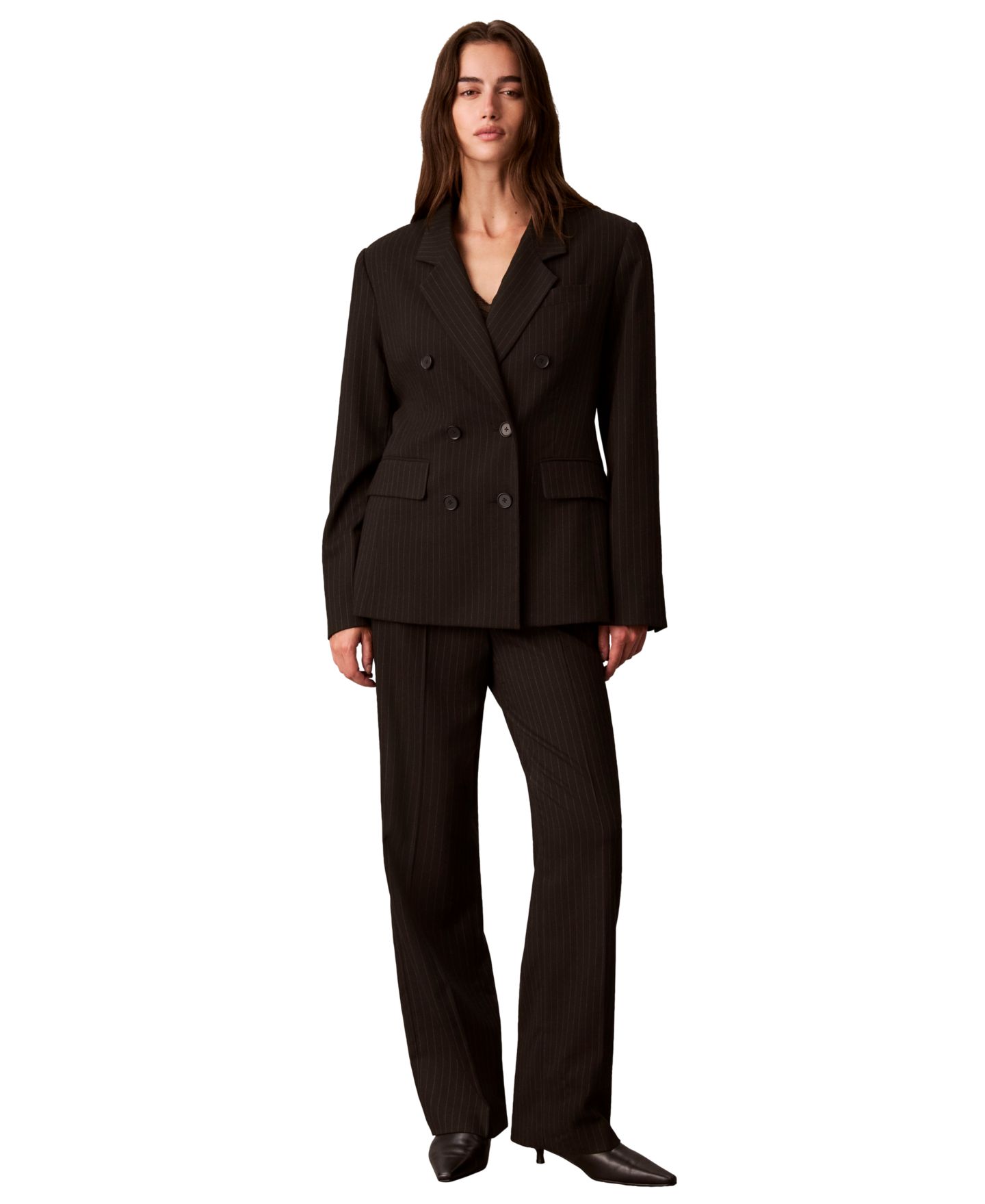 Женский пиджак Calvin Klein Double-Breasted Pinstripe Notch Collar Blazer, цвет: Чёрный / Седельно-коричневый — фото 6