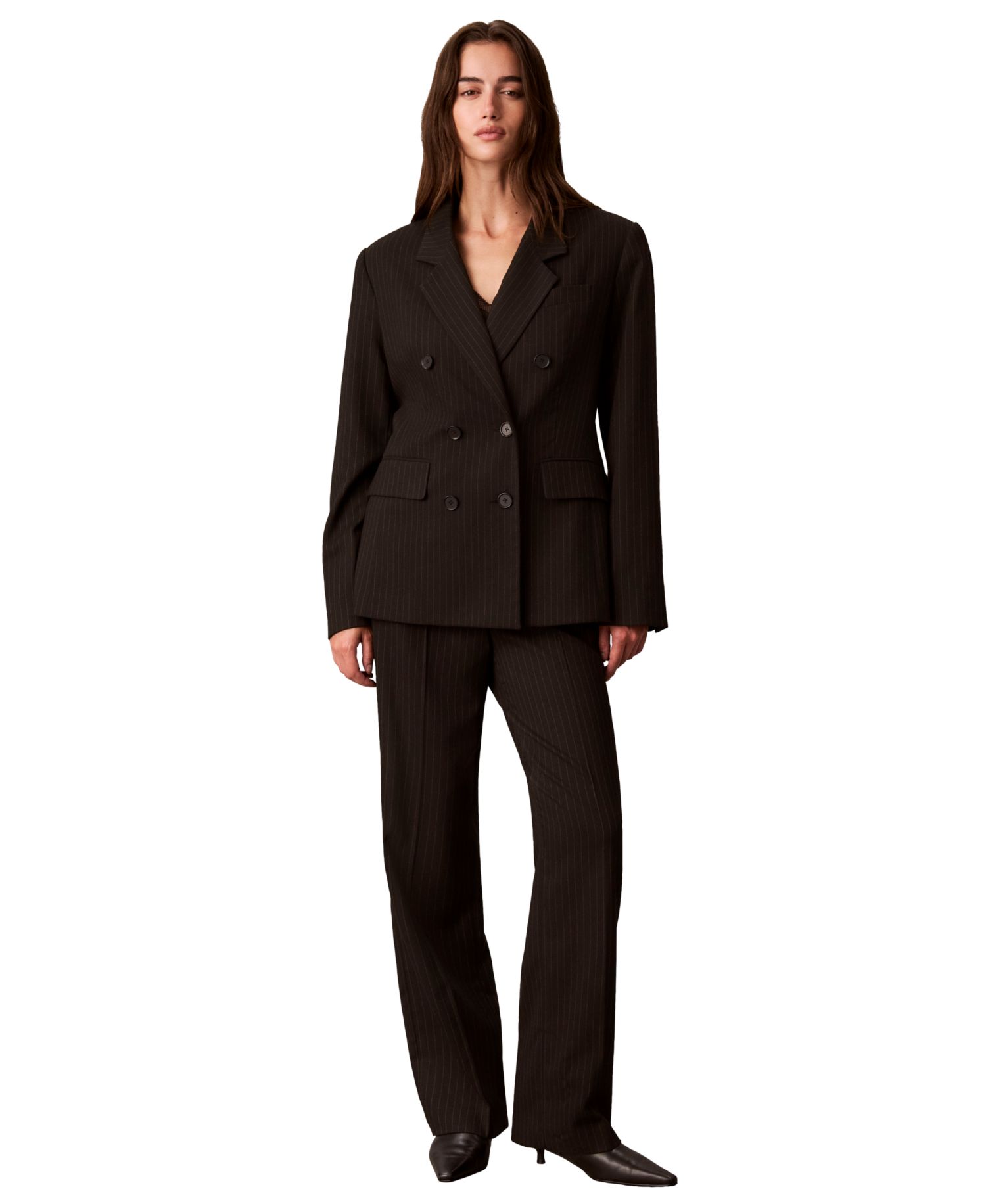 Women's Double-Breasted Pinstripe Notch Collar Blazer