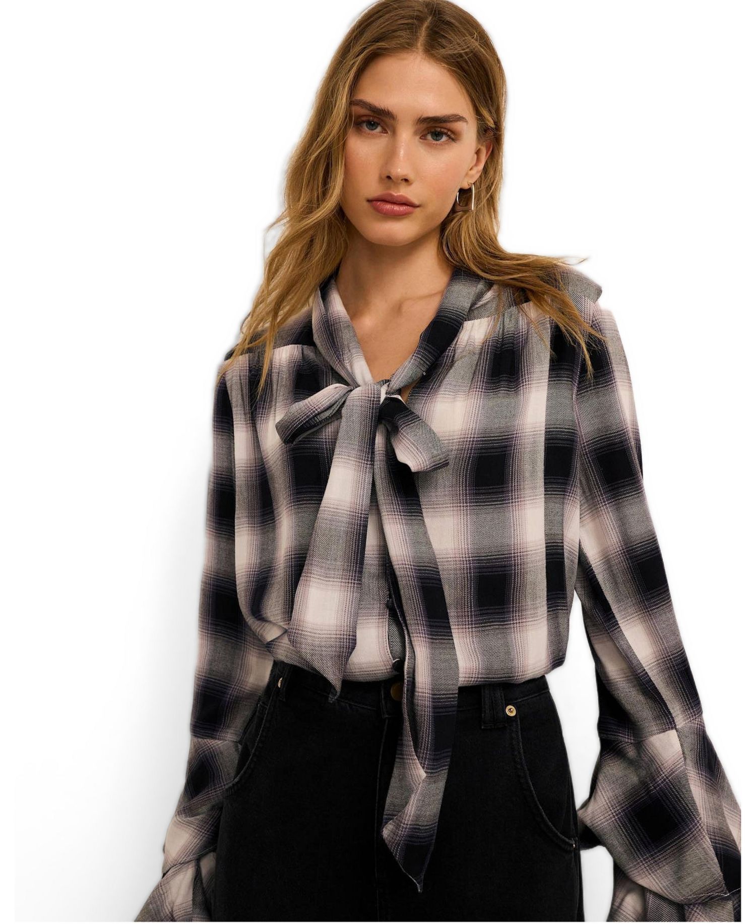 Women's Check-Print Tie Pussybow Long-Ruffle Sleeves Blouse