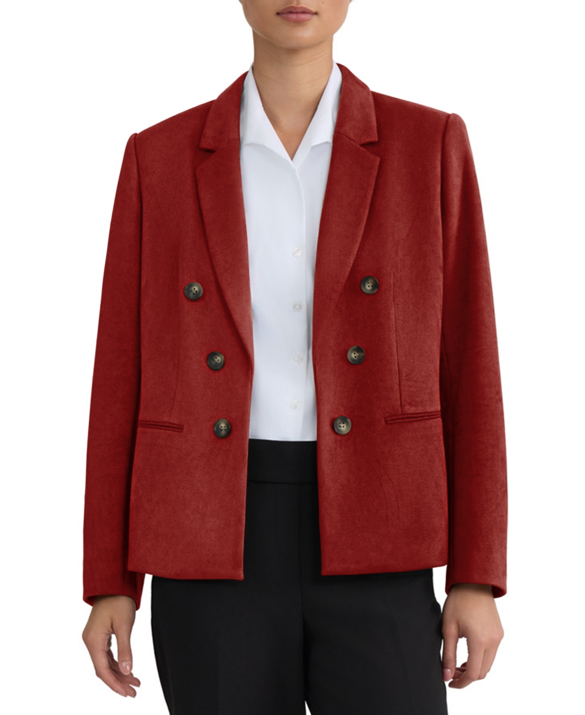 Jones New York Petite Double-Breasted Notch-Collar Faux-Suede Blazer