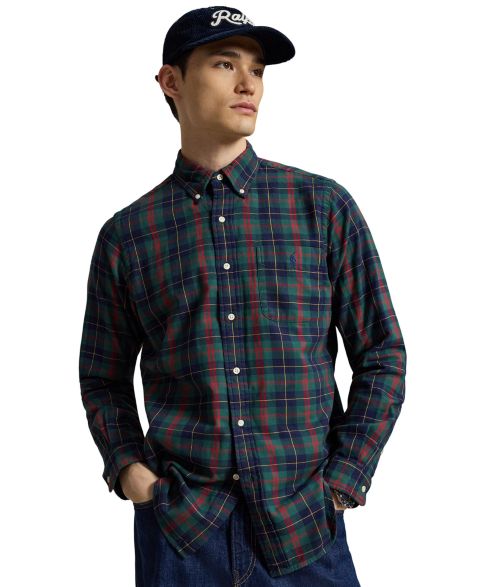 Мужская рубашка Polo Ralph Lauren Plaid Classic-Fit Button-Down, цвет: Тёмно-синий зелёный разноцветный