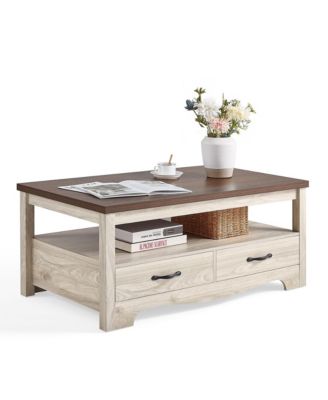 Farmhouse Coffee Table with 2 Drawers and Open Shelf Storage, Wood Rectangular Center Table for Living Room
