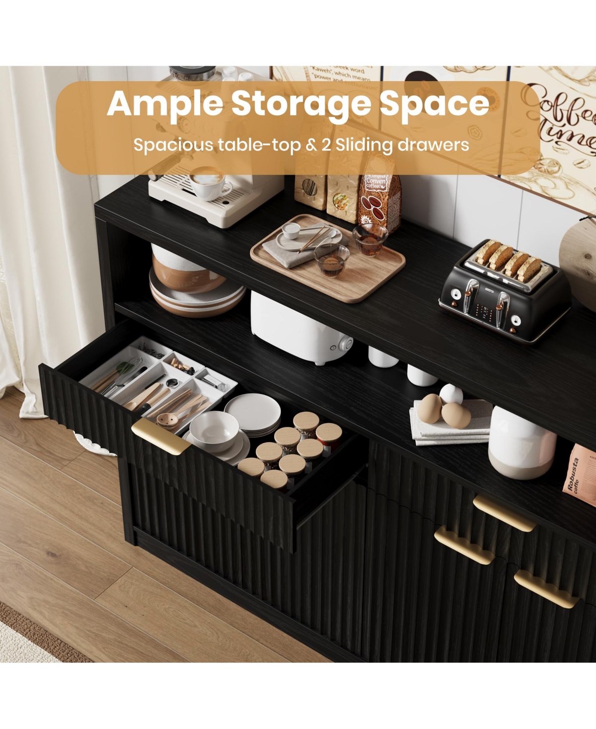 gaomon Fluted Buffet Sideboard Cabinet, Modern Wooden Storage Hutch with 2 Drawers, Adjustable Shelves, Coffee Bar Cabinet