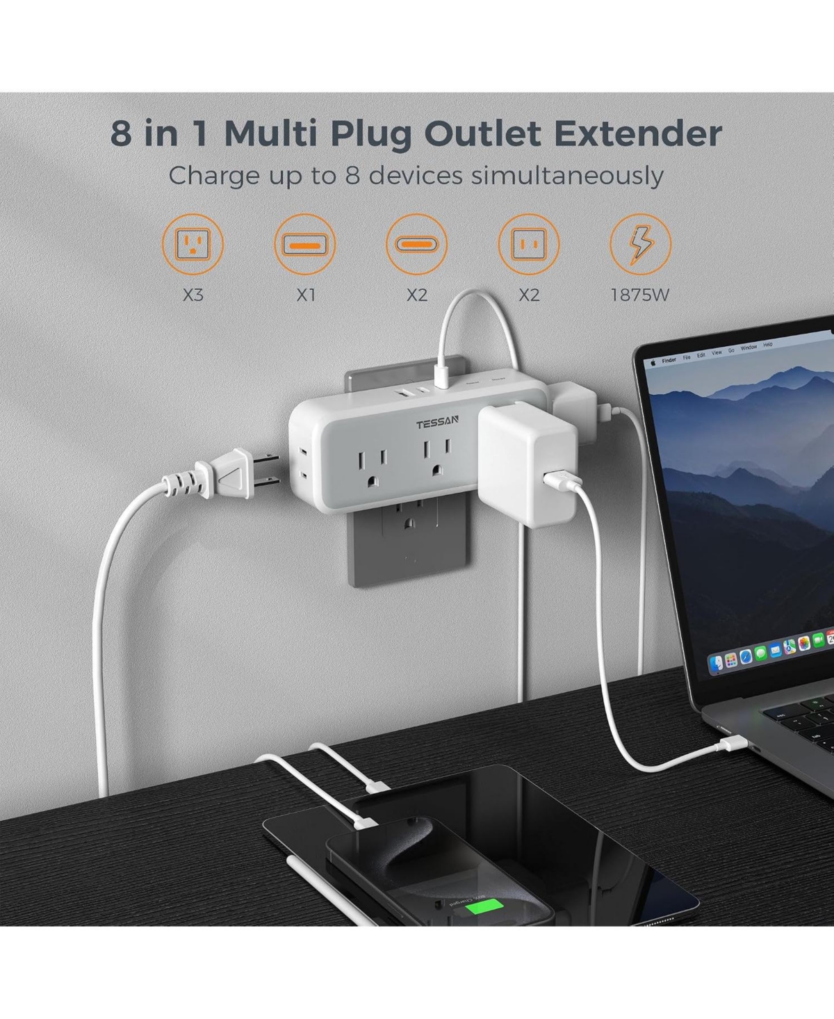 Tessan Wall Outlet Extender with 5 Ac Outlets and 3 Usb Ports