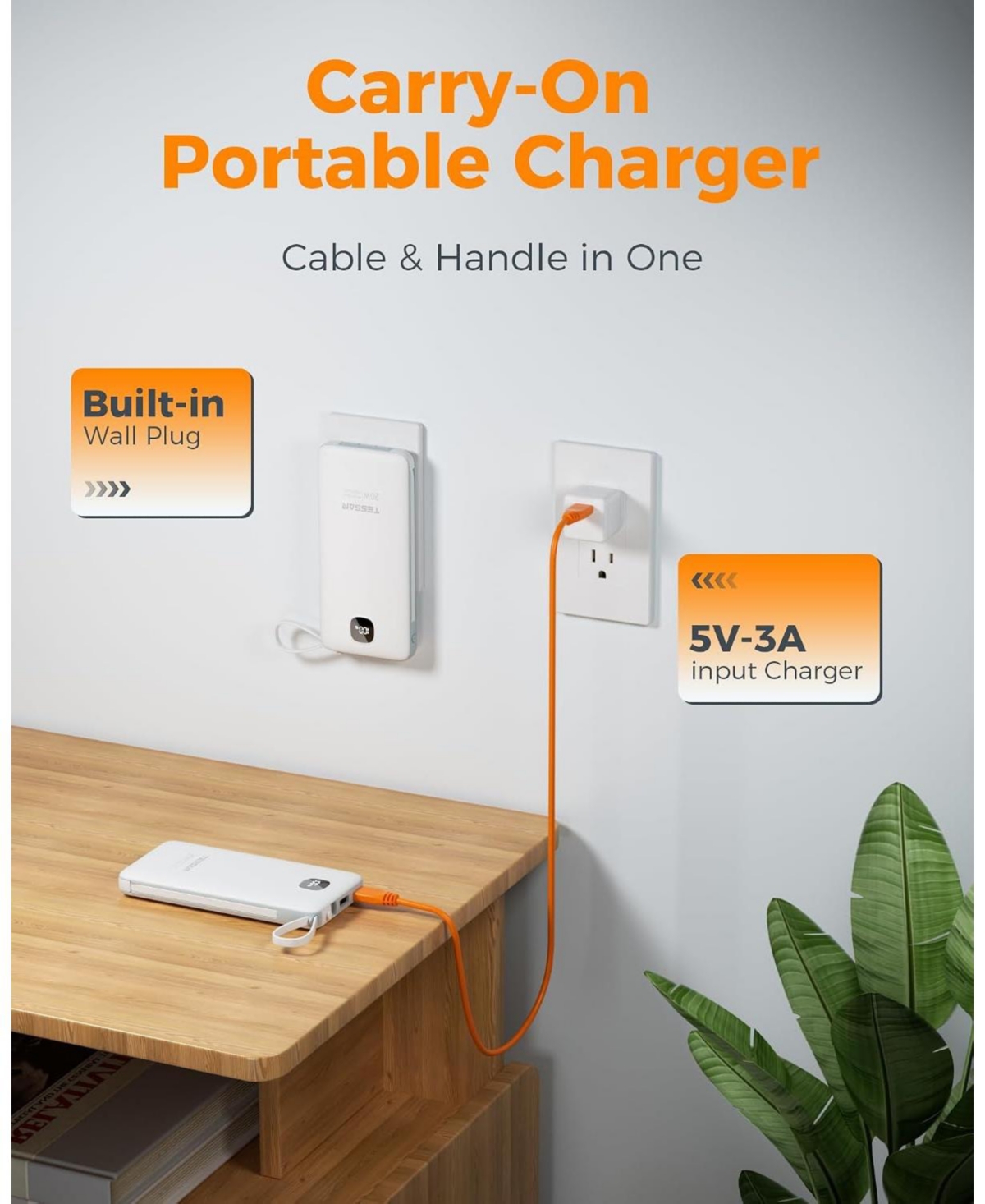Tessan 10000mAh Portable Charger with Built-In Cables and 20W Pd for Compatible Devices