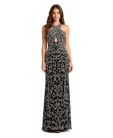 Женское платье Lara Plus Size Beaded Halter Front-Slit, цвет: Чёрный / Серебряный