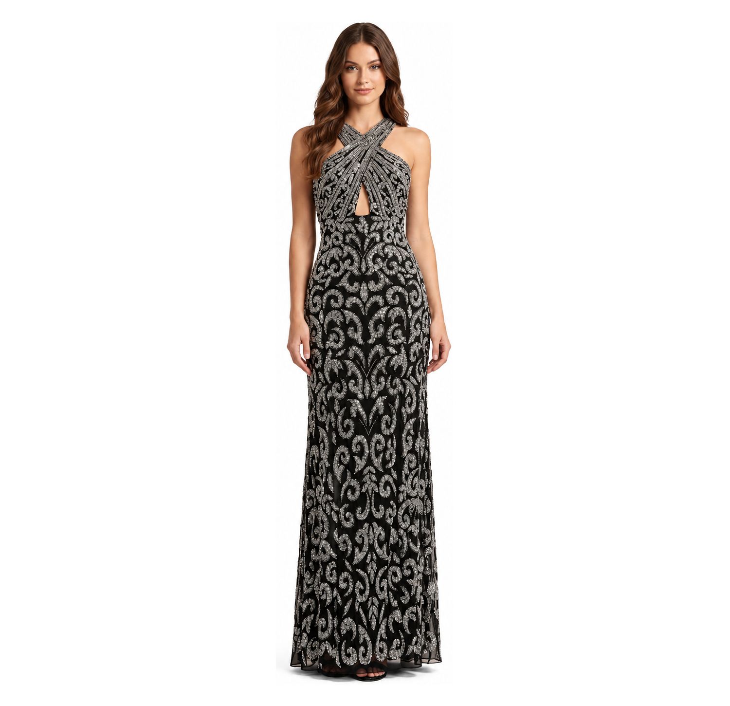 Plus Size Beaded Halter Front-Slit Dress