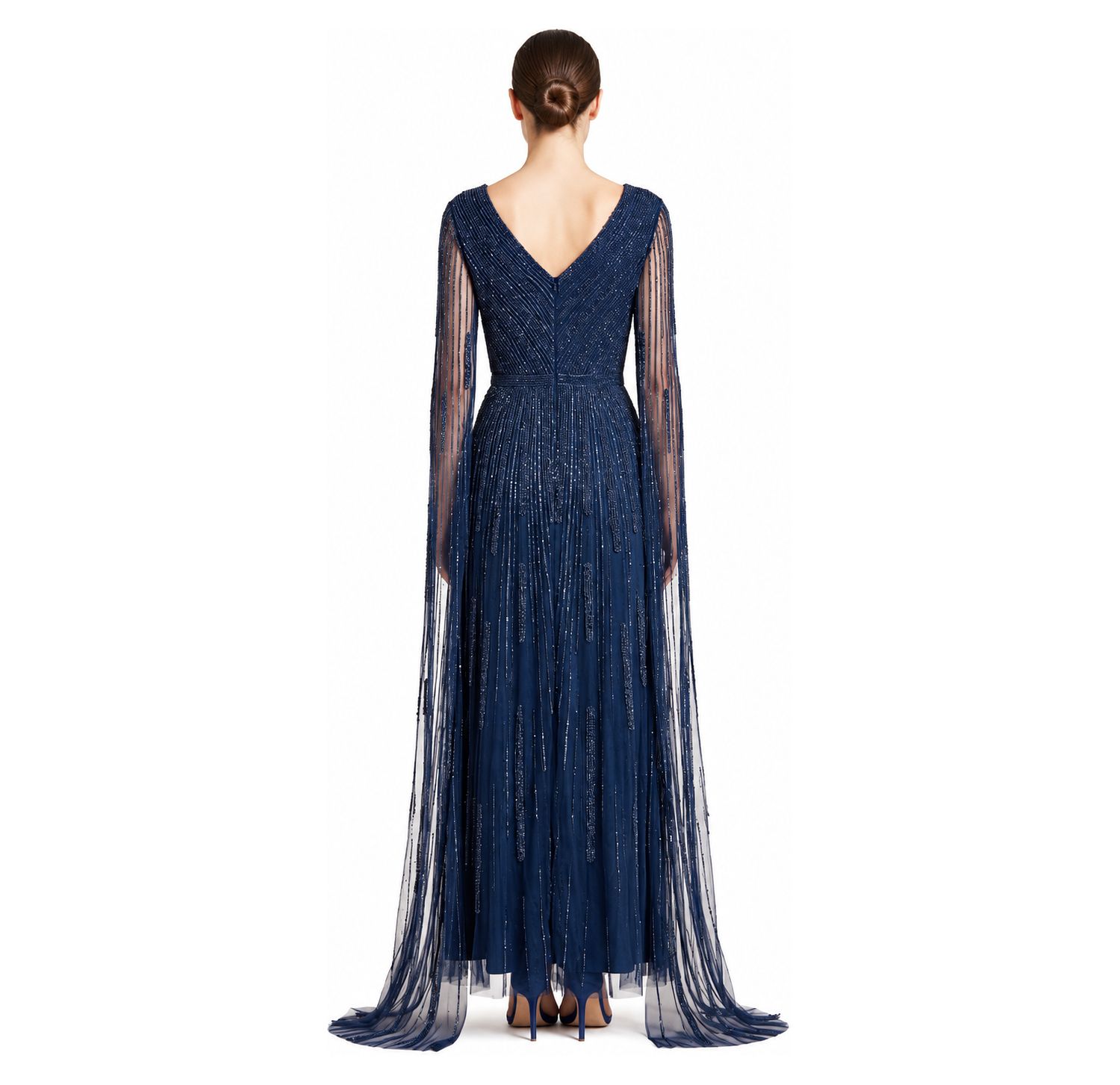 Women's V-Neck Beaded Long Cape-Sleeve Dress