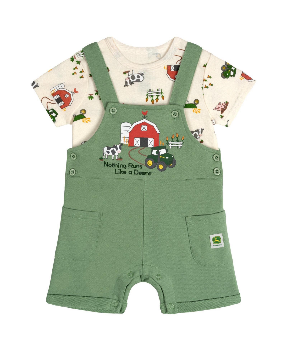 John Deere Toddler Boys' 2T-5T Farm Print Crewneck Short-Sleeve Tee and Shortalls, 2-Piece Set