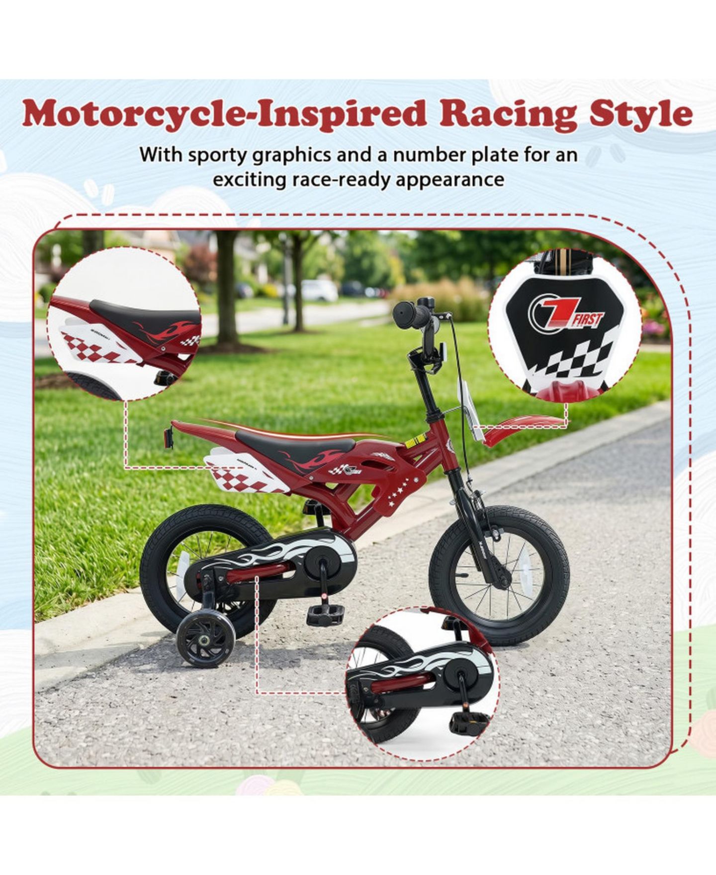 Детская игрушка HONGGE 12 in Motorcycle-Inspired Kids' Bike with Detachable Training Wheels, 143 lb Capacity, Ages 3-4, цвет: Красный — фото 7