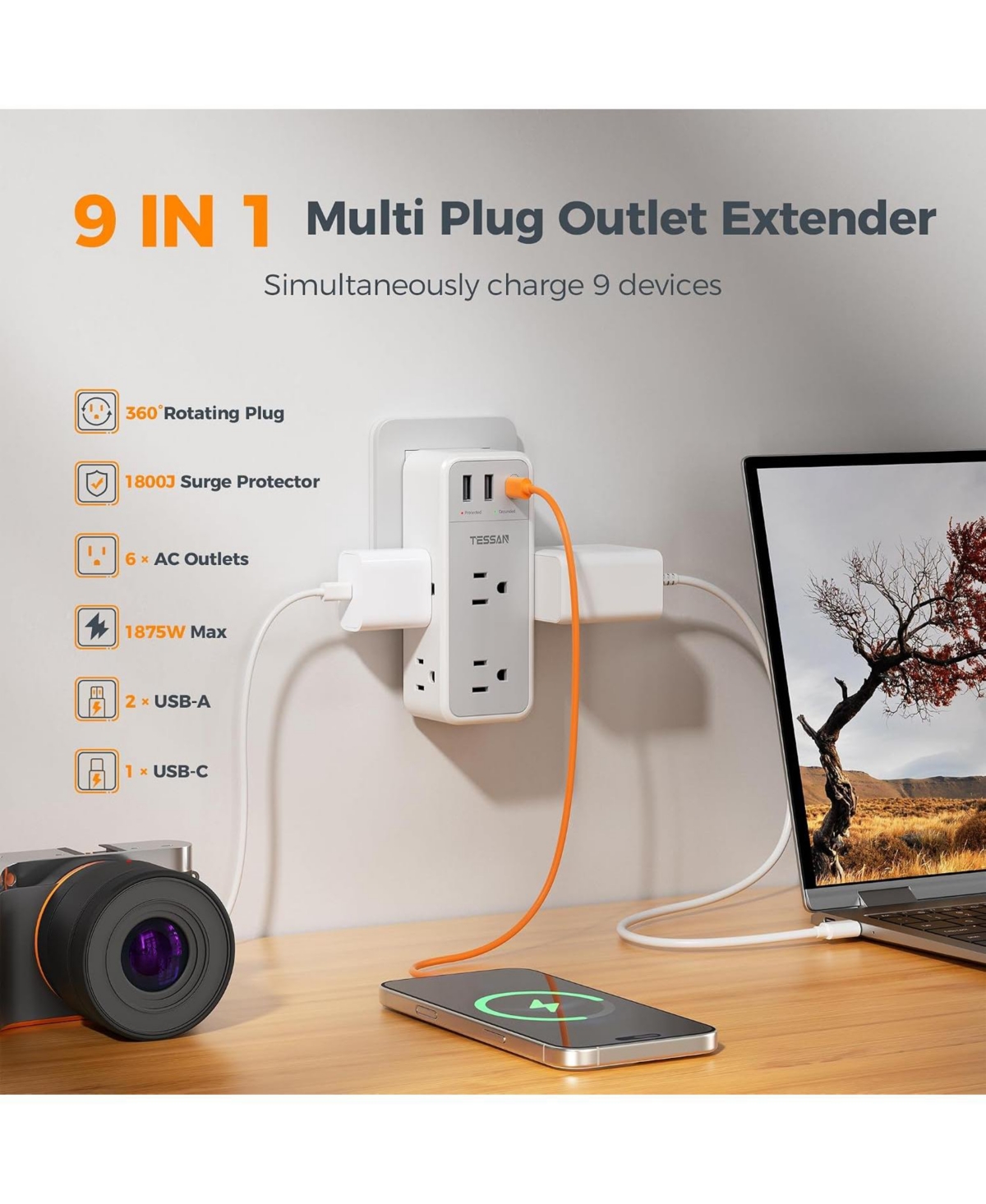 Tessan Rotating Outlet Splitter with 6 Ac Outlets and 3 Usb Ports