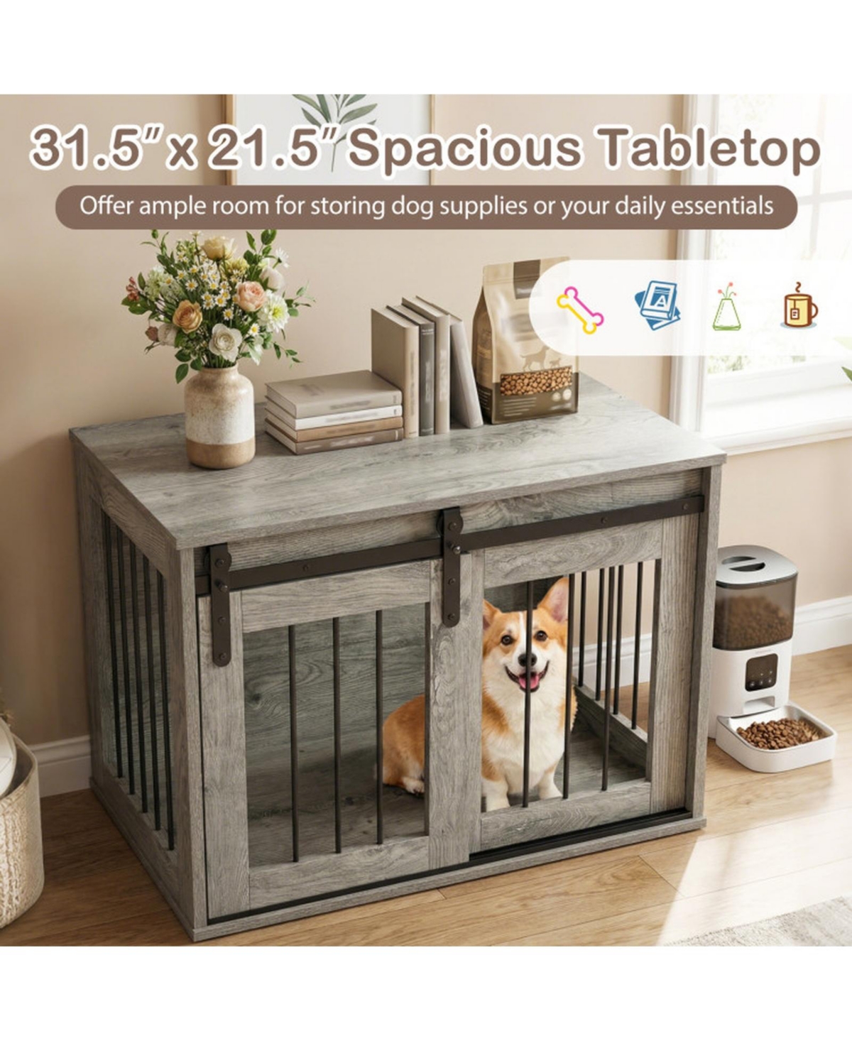 Sugift Heavy Duty Dog Crate Furniture Kennel with Sliding Barn Door