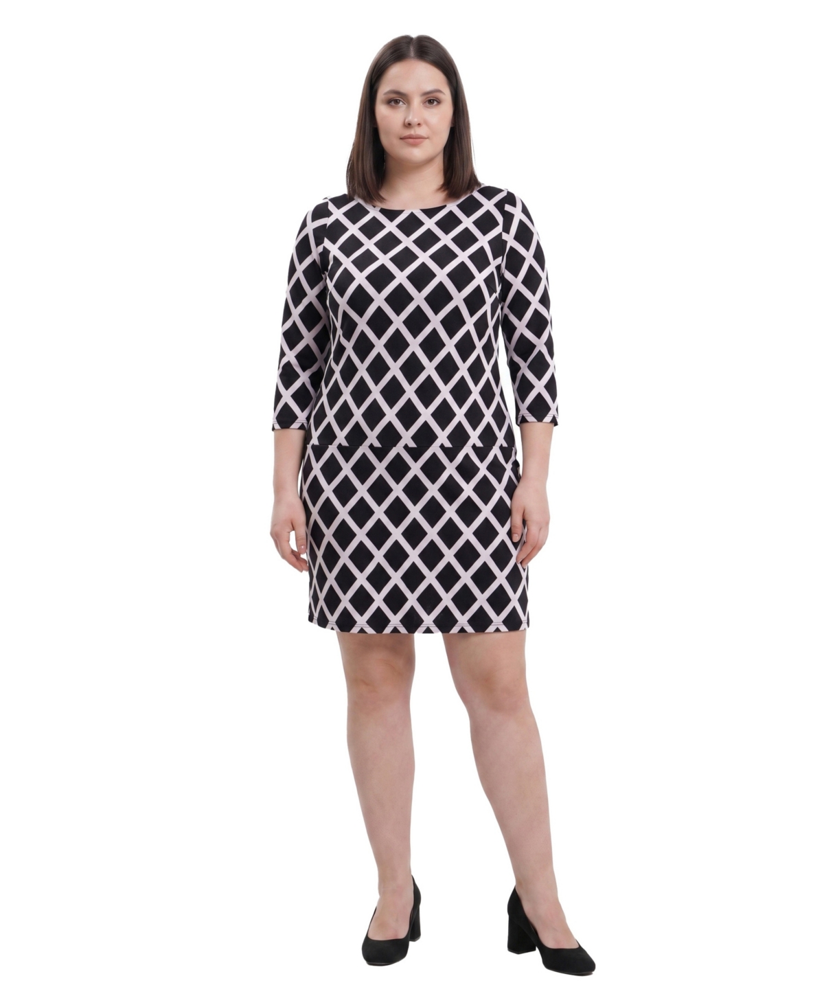 24seven Comfort Apparel Plus Size Essential Stretch A-Line Geometric Dress - Print