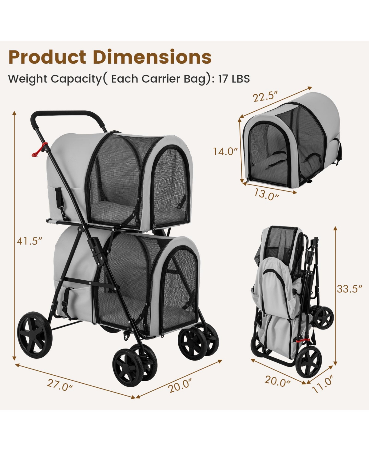 Sugift 4-in-1 Double Pet Stroller with Detachable Carrier and Travel Carriage