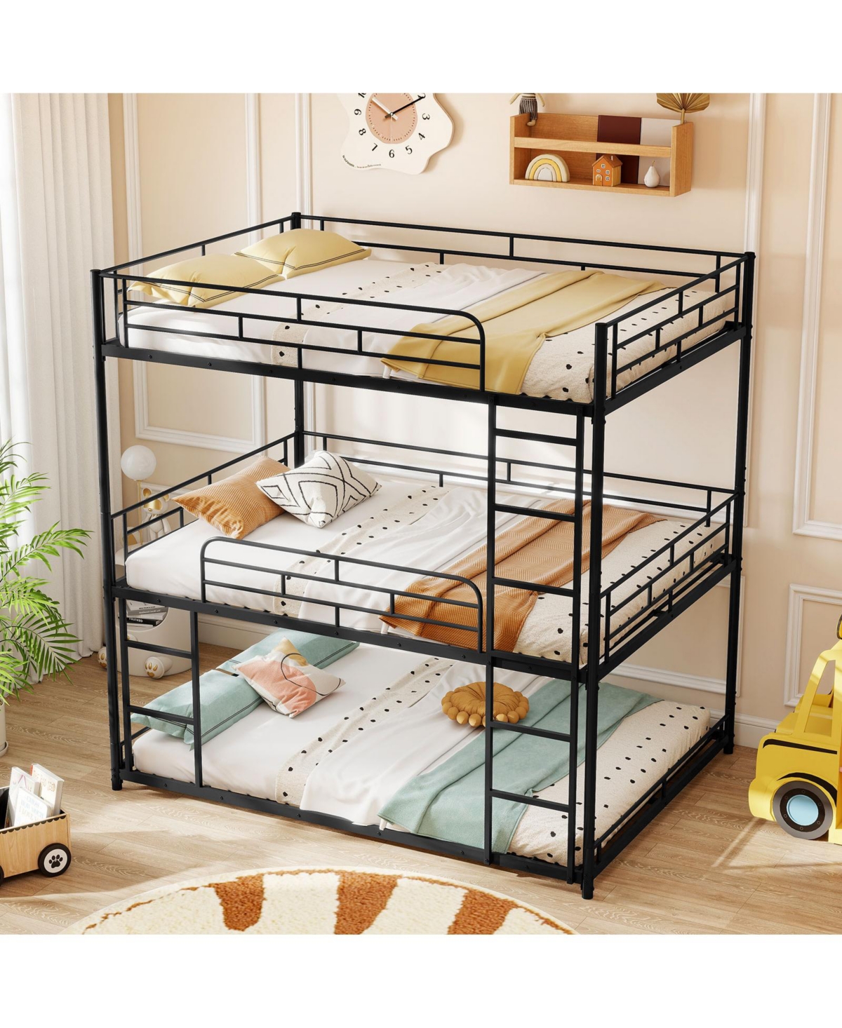 Sugift Metal Triple Bunk Bed with Safety Guardrails and 2 Ladders