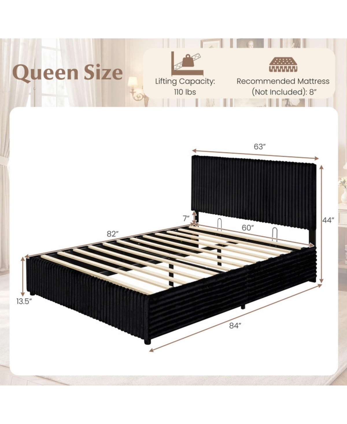Sugift Queen Size Lift-up Storage Bed with Wooden Slat Support