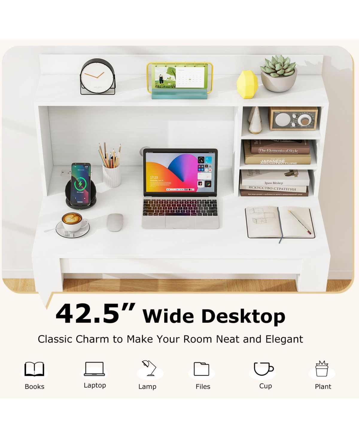 Sugift Modern Computer Desk with Hutch 3 Storage Shelves and Charging Station