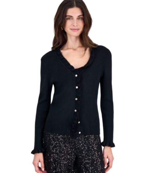 Женский кардиган Tahari ASL V-Neck Long-Sleeve Ruffle, цвет: Чёрный