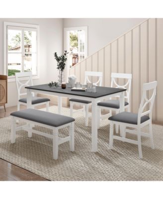 6-Piece Wood Dining Table Set Kitchen Table Set with Upholstered Bench and 4 Dining Chairs, Farmhouse Style