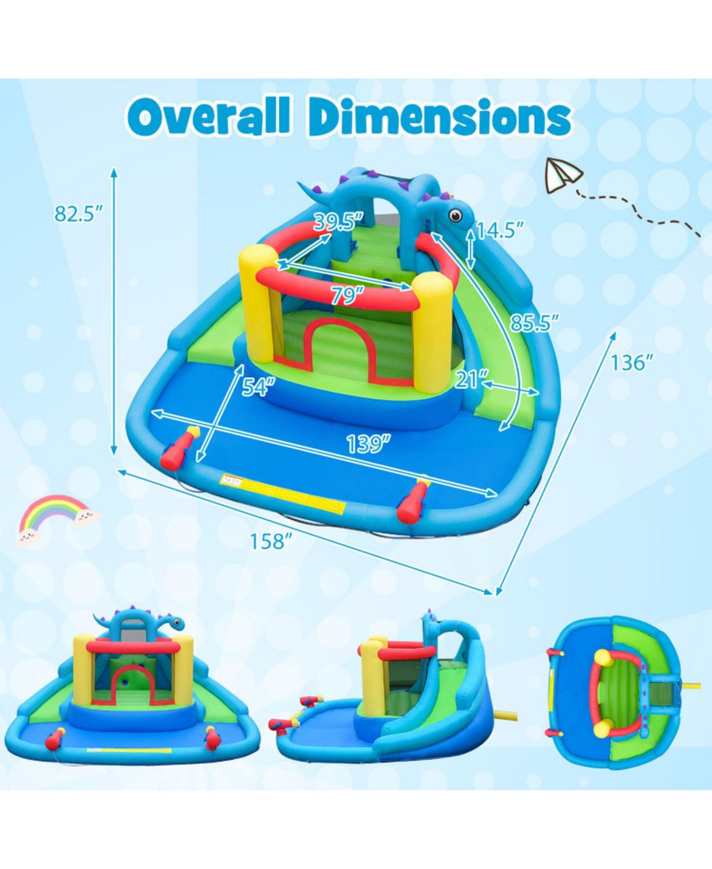 Детская игрушка HONGGE Dinosaur-Themed Double-Slide Inflatable Bounce House with Splash Pool, 158" x 136" x 82.5", For 3 Players, Ages 3-10, цвет: Синий разноцветный — фото 4