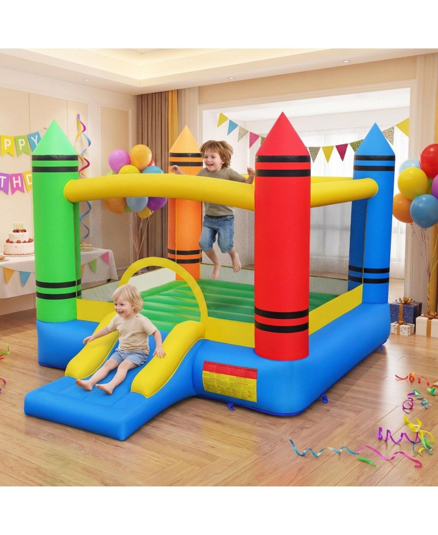 Детская игрушка HONGGE 2-in-1 Crayon Themed Inflatable Bounce House, Accommodates Up to 2 Children, Ages 3-12, цвет: Синий / Жёлтый — фото 2