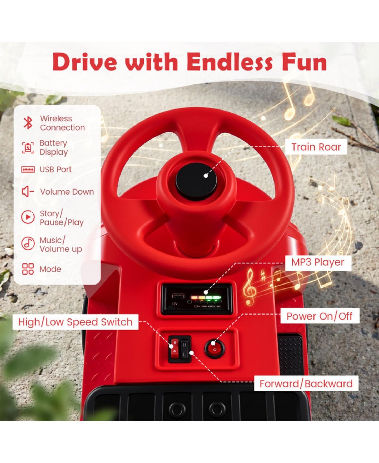 Детская игрушка HONGGE 12V Ride on Train 3-Seater with Detachable Carriage, Seats 3, Ages 3+, цвет: Красный / Чёрный — фото 6