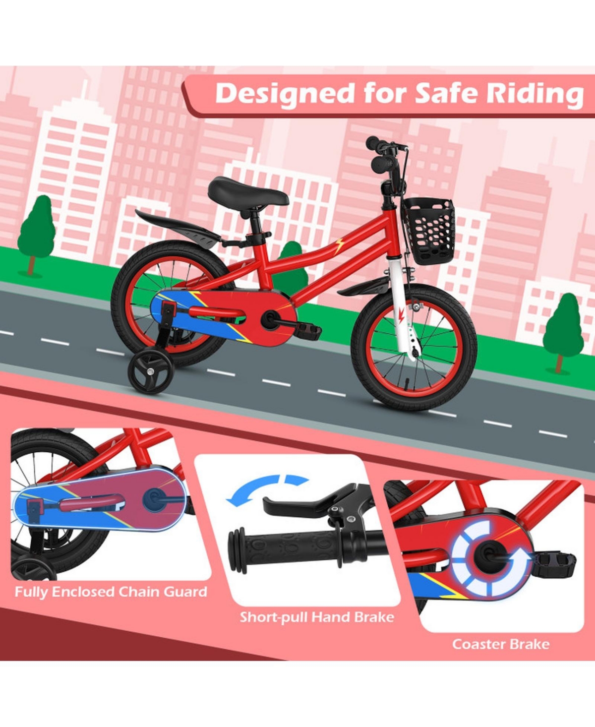 Hongge 14-Inch Kids Bike with Dual Brakes, Adjustable Handlebar and Saddle, Helmet and Pad Set, Ages 3-5