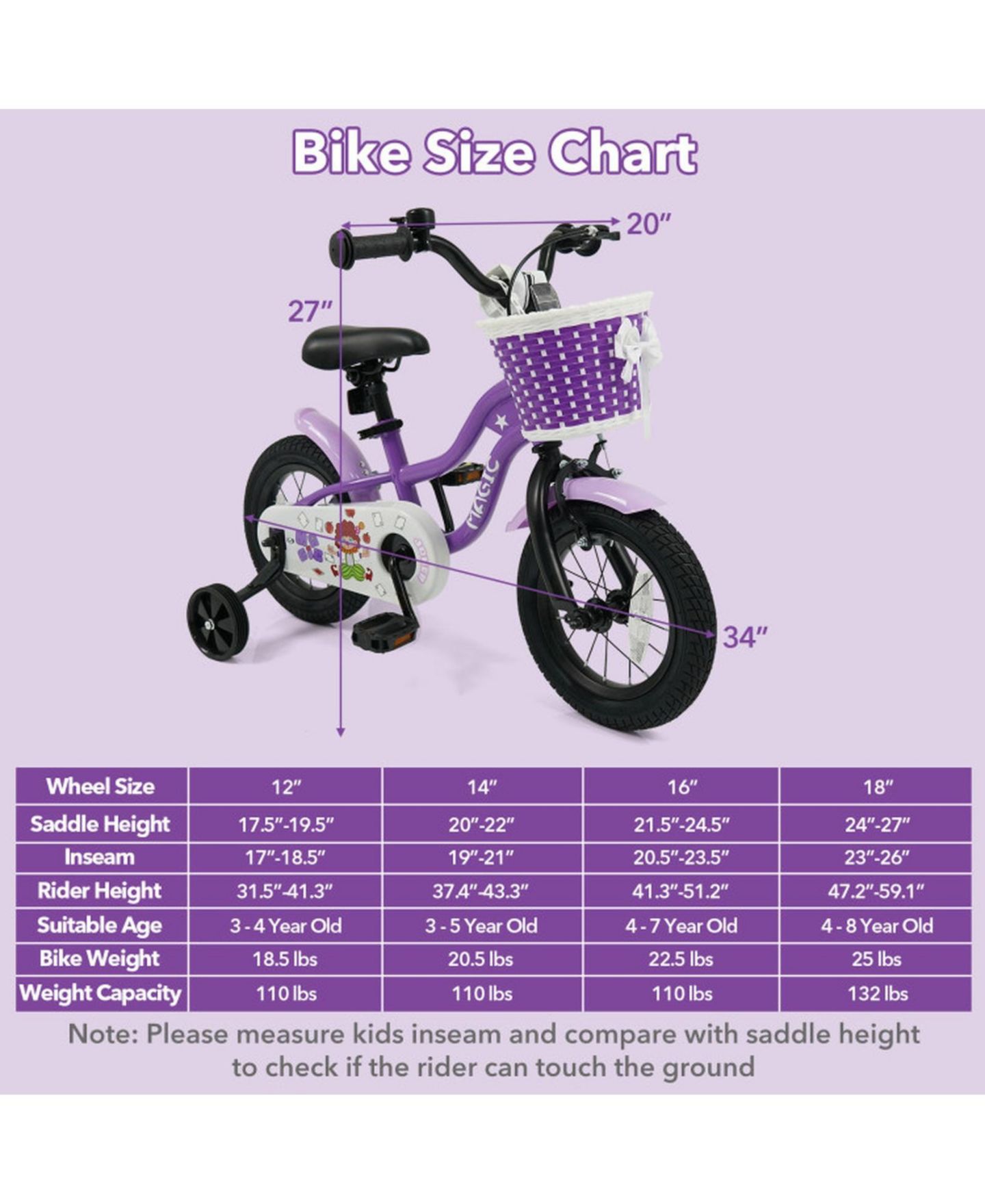 Детская игрушка HONGGE 12-Inch Kids' Bike with Detachable Training Wheels and Adjustable Seat, 110 lbs Capacity, Ages 3–8, цвет: Фиолетовый — фото 3