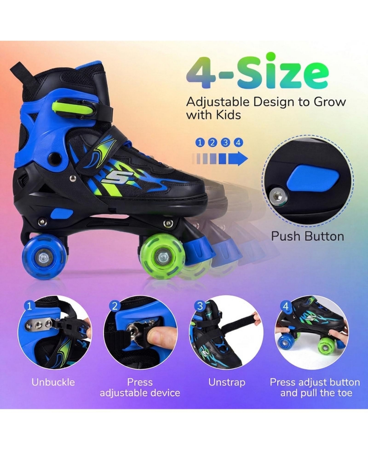 Hongge Adjustable Light-Up Wheels Quad Skates, Ages 7-9