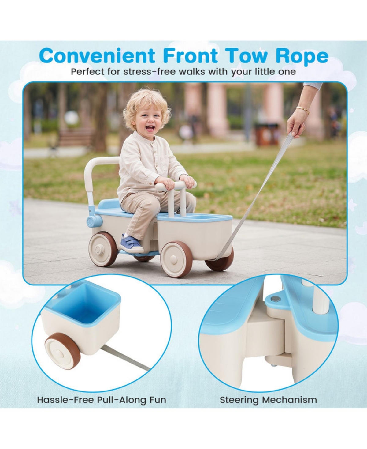 Hongge 3-in-1 Kids Ride-On Push Car with Tow Rope, 44 lb Capacity, Ages 3-6