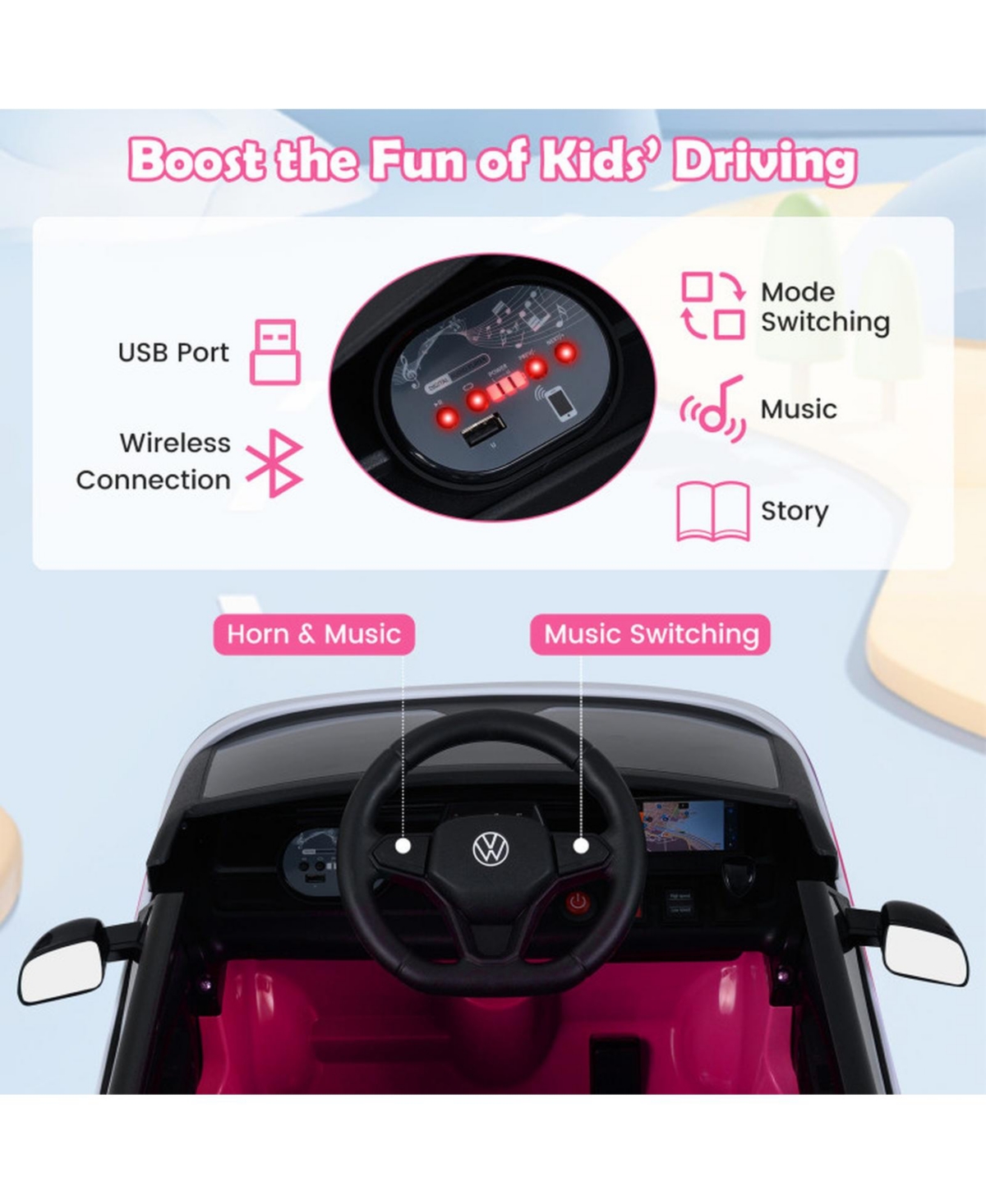 Hongge 12V Kids Ride-On Bus with Parent Remote Led Headlights and Music