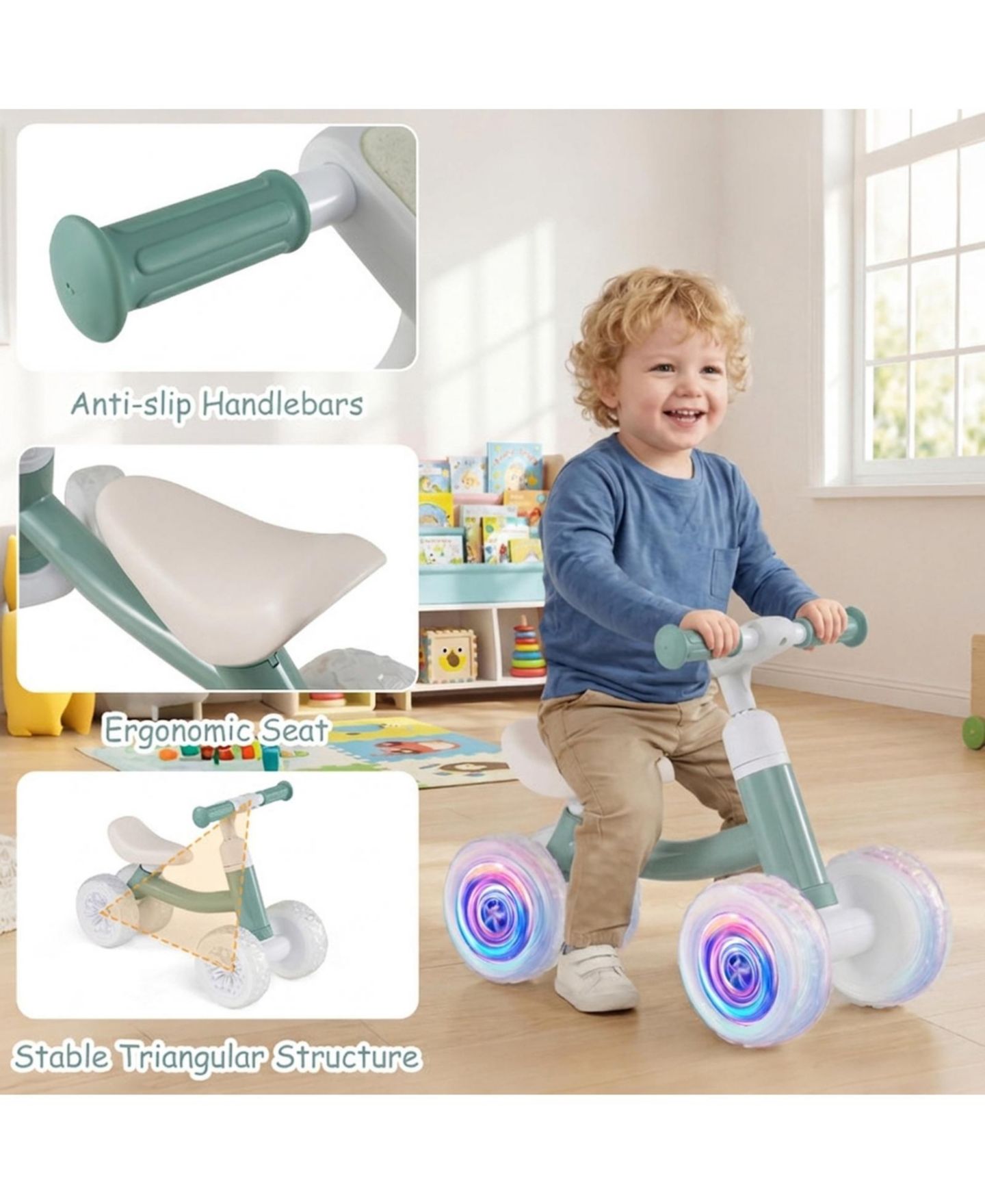 Детская игрушка HONGGE Baby Balance Bike with Light-Up Wheels and Adjustable Seat and Handlebar, 55 lb. Capacity, Ages 1-3, цвет: Зелёный — фото 4