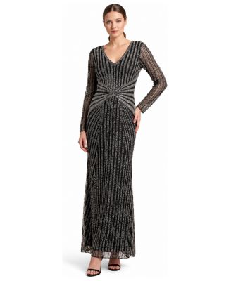 Women's Long-Sleeve Beaded V-Neck Gown