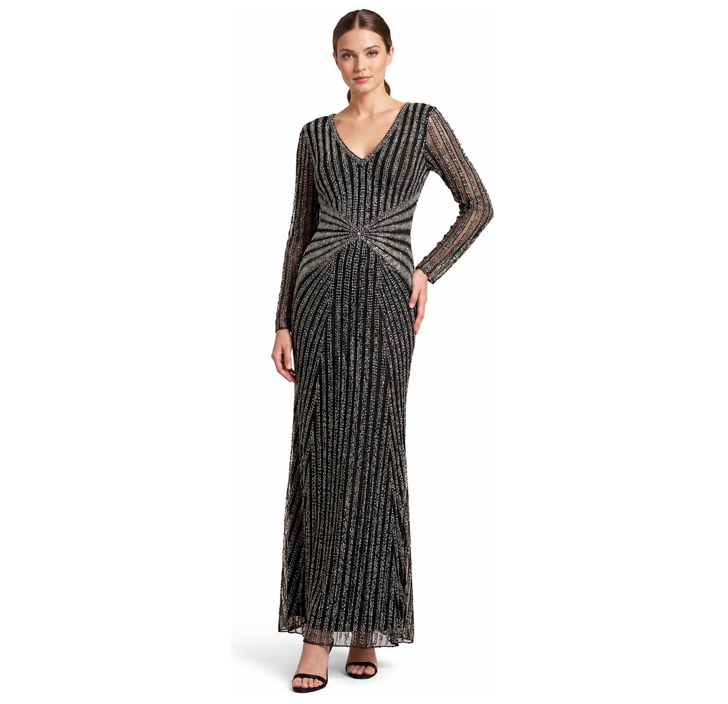Women's Long-Sleeve Beaded V-Neck Gown