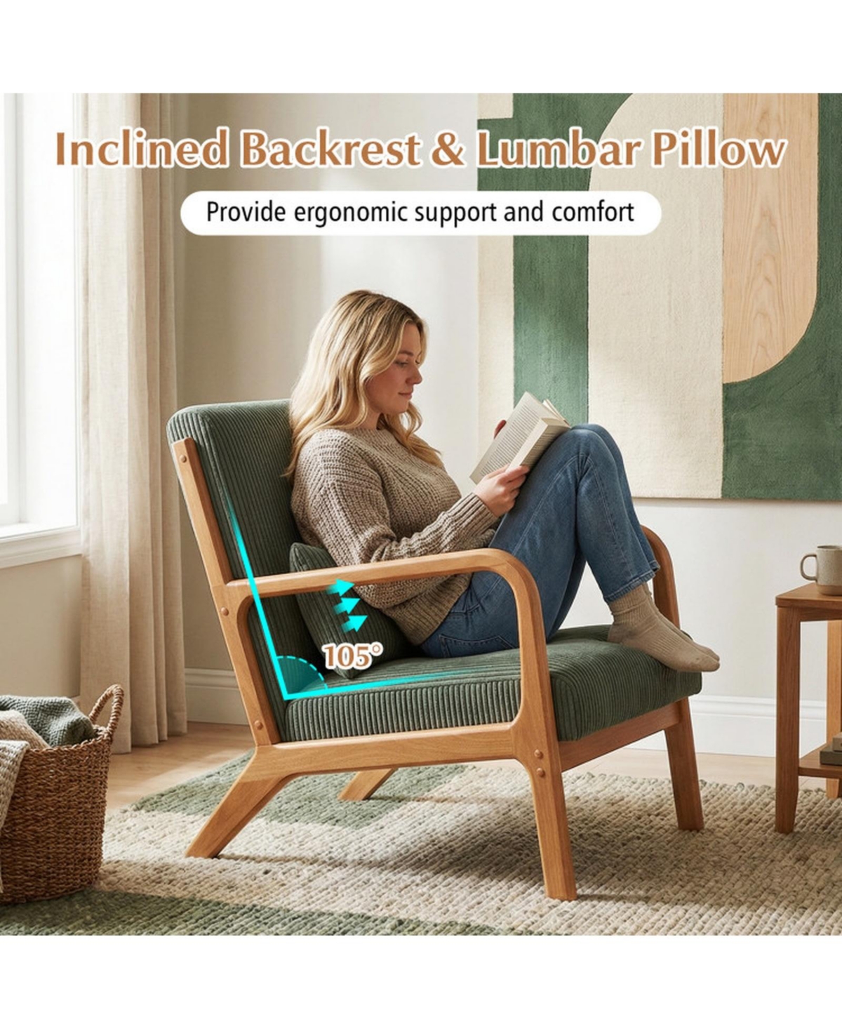 Sugift Corduroy Upholstered Accent Lounge Chair with Lumbar Pillow