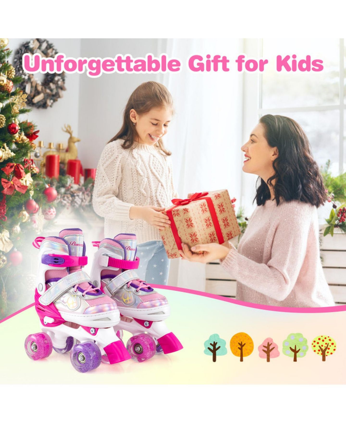 Детские игрушки HONGGE 4-Size Adjustable Kids Quad Roller Skates with Light-Up Wheels, Ages 5-8, цвет: Розовый красный — фото 5
