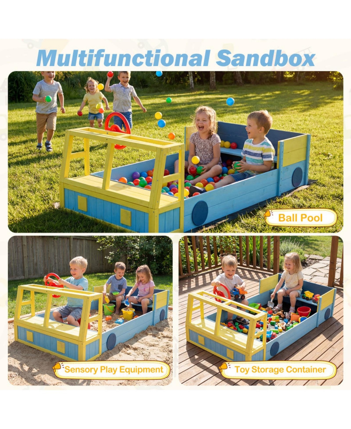 Hongge Fire Truck Wooden Sandbox, 63" x 34" x 23", Foldable Bottom Liner, Seats 2, Ages 18 Months+