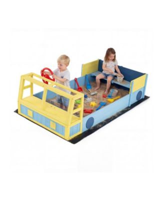 Fire Truck Wooden Sandbox, 63" x 34" x 23", Foldable Bottom Liner, Seats 2, Ages 18 Months+
