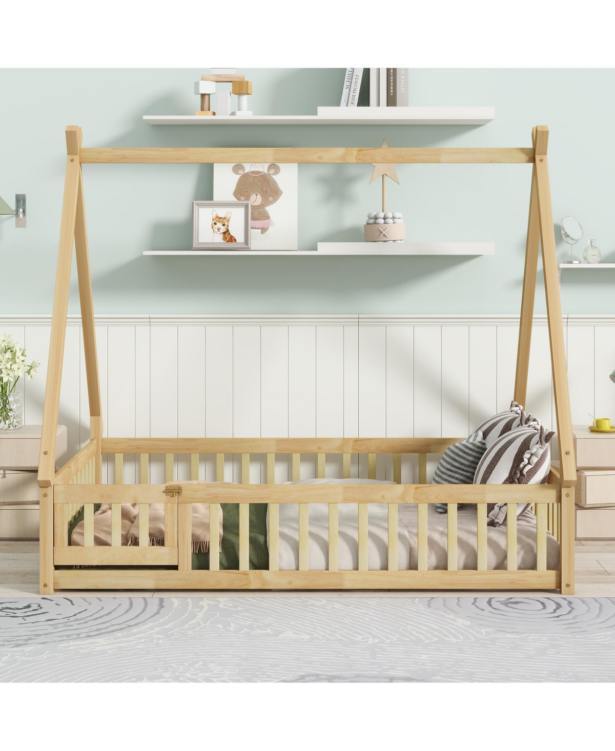 Sailvan Rubber Wood Tent-shaped Floor Bed,with Guardrails,Slats and Door