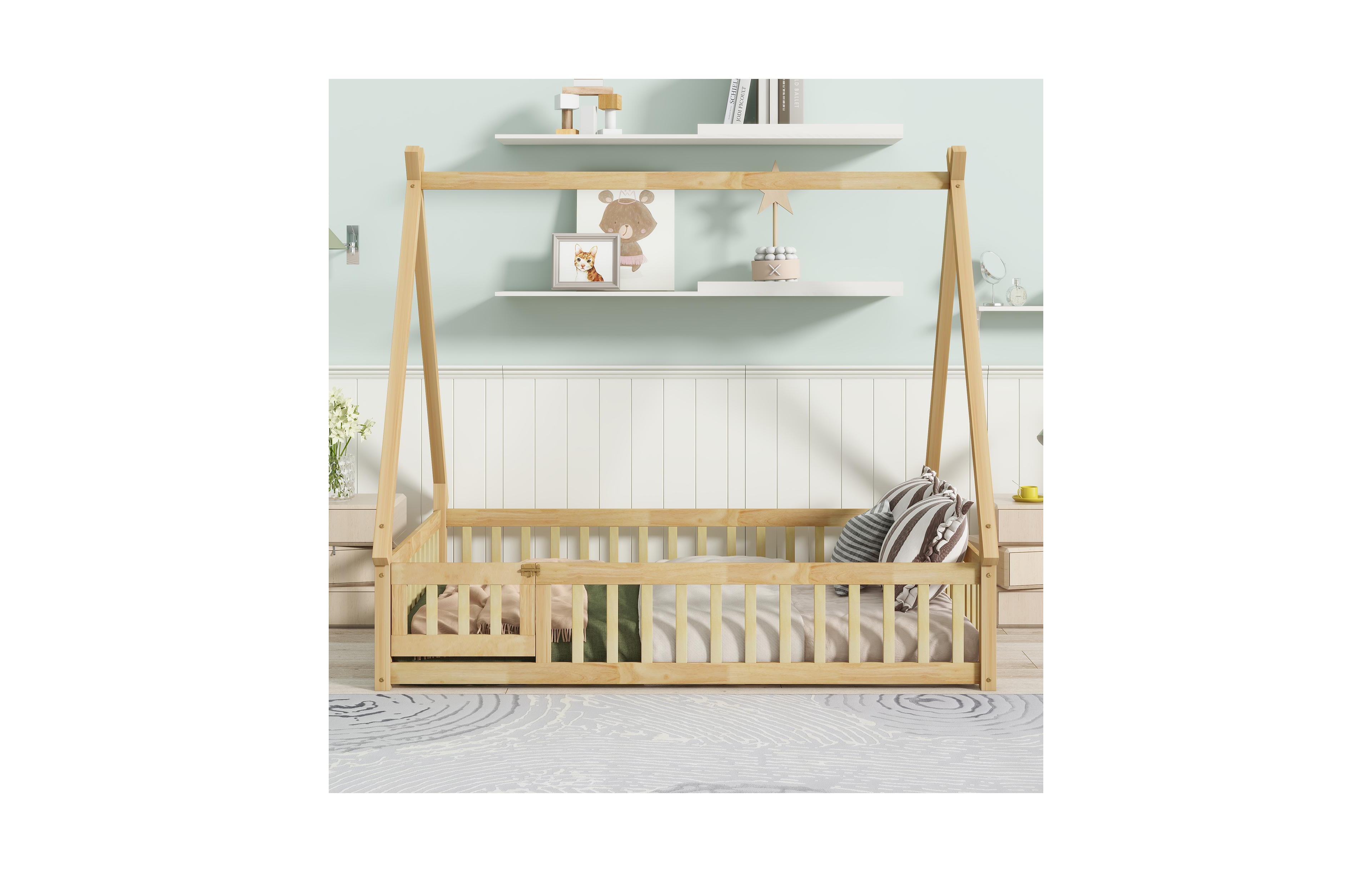Sailvan Rubber Wood Tent-shaped Floor Bed,with Guardrails,Slats and Door